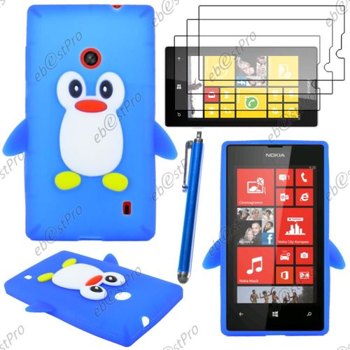 Ebeststar ® Etui Housse Coque Pingouin Silicone Souple Design Fun Pour Nokia Lumia 520, Couleur Bleu + Stylet 3 Film