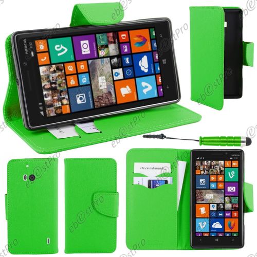 Ebeststar ® Housse Coque Etui Portefeuille Folio Book Livre Simili Cuir Pour Nokia Lumia 930, Couleur Vert + Mini Stylet + Film Protection D'écran