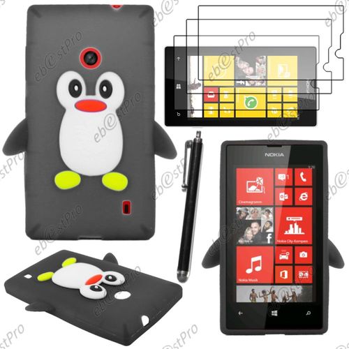 Ebeststar ® Etui Housse Coque Pingouin Silicone Souple Design Fun Pour Nokia Lumia 520, Couleur Noir + Stylet 3 Film