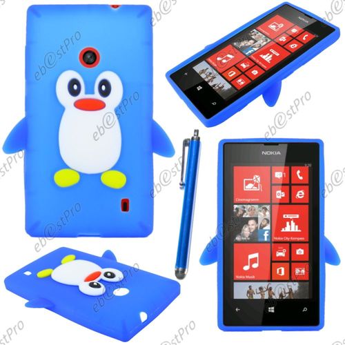 Ebeststar ® Etui Housse Coque Pingouin Silicone Souple Design Fun Pour Nokia Lumia 520, Couleur Bleu + Stylet + Film Protection D'écran
