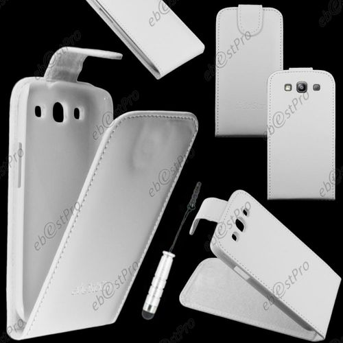 Ebeststar ® Housse Coque Etui Simili Cuir À Rabat Vertical Pour Samsung Galaxy S3 I9300 I9305, Couleur Blanc + Mini Stylet + Film Protection D'écran