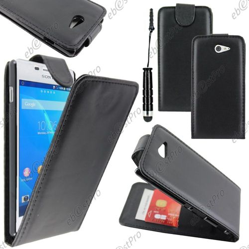 Ebeststar ® Housse Coque Etui Simili Cuir À Rabat Vertical Pour Sony Xperia M2 D2302 D2303, Couleur Noir + Mini Stylet + Film Protection D'écran