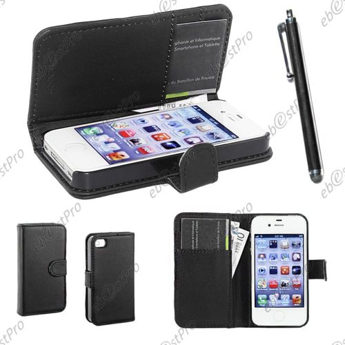 Ebeststar ® Housse Coque Etui Portefeuille Folio Book Livre Simili Cuir Pour Apple Iphone 4s, 4, Couleur Noir + Stylet + Film Protection D'écran