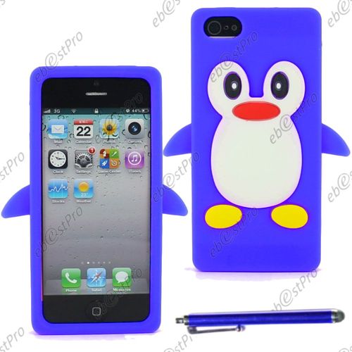 Ebeststar ® Etui Housse Coque Pingouin Silicone Souple Design Fun Pour Apple Iphone 5s, 5, Couleur Bleu + Stylet + Film Protection D'écran