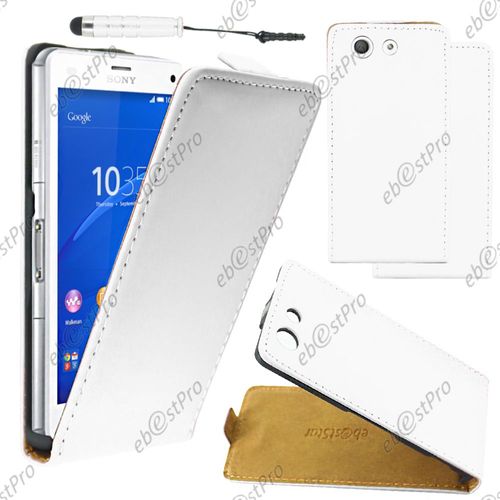 Ebeststar ® Housse Coque Etui En Pu Cuir À Rabat Ultra Fine (Slim Case) Pour Sony Xperia Z3 Compact, Couleur Blanc + Mini Stylet + Film Protection D'écran