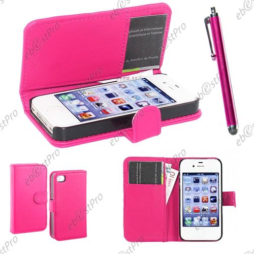 Ebeststar ® Housse Coque Etui Portefeuille Folio Book Livre Simili Cuir Pour Apple Iphone 4s, 4, Couleur Rose + Stylet + Film Protection D'écran