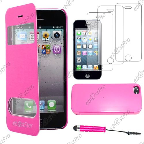 Ebeststar ® Housse Coque Etui Smart View Cover Type S-View Portefeuille Livre Pour Apple Iphone 5s, 5, Couleur Rose + Mini Stylet 3 Film