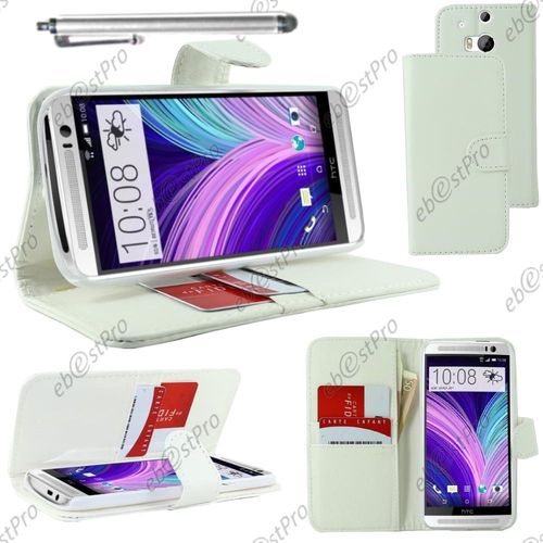 Ebeststar ® Housse Coque Etui Portefeuille Folio Book Livre Simili Cuir Pour Htc One M8 2014, Couleur Blanc + Stylet + Film Protection D'écran