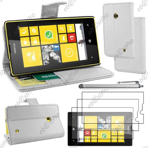 Ebeststar ® Housse Coque Etui Portefeuille Folio Book Livre Simili Cuir Pour Nokia Lumia 520, Couleur Blanc + Stylet 3 Film