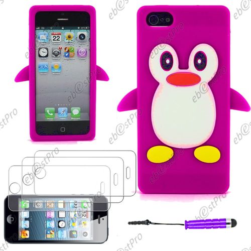 Ebeststar ® Etui Housse Coque Pingouin Silicone Souple Design Fun Pour Apple Iphone 5s, 5, Couleur Violet + Mini Stylet 3 Film