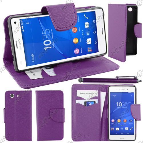 Ebeststar ® Housse Coque Etui Portefeuille Folio Book Livre Simili Cuir Pour Sony Xperia Z3 Compact, Couleur Violet + Stylet + Film Protection D'écran