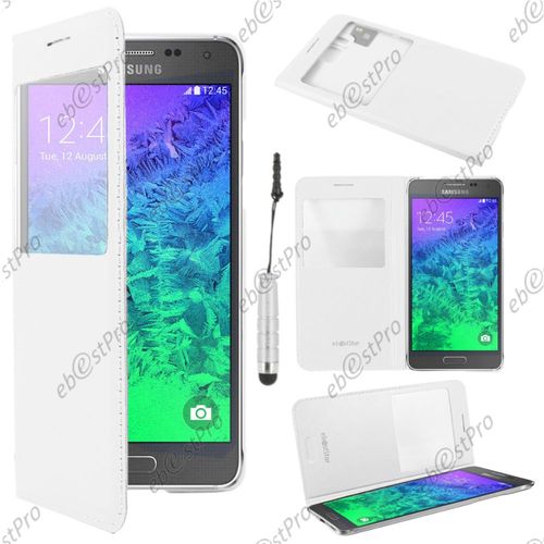 Ebeststar ® Housse Coque Etui Smart View Cover Type S-View Portefeuille Livre Pour Samsung Galaxy Alpha Sm-G850f, Couleur Blanc + Mini Stylet + Film Protection D'écran