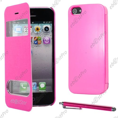 Ebeststar ® Housse Coque Etui Smart View Cover Type S-View Portefeuille Livre Pour Apple Iphone 5s, 5, Couleur Rose + Stylet + Film Protection D'écran