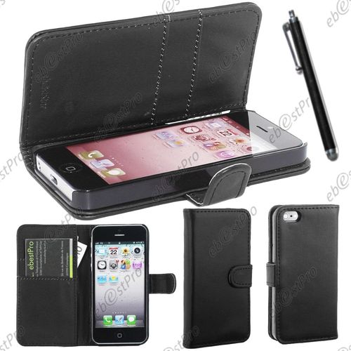 Ebeststar ® Housse Coque Etui Portefeuille Folio Book Livre Simili Cuir Pour Apple Iphone 5s, 5, Couleur Noir + Stylet + Film Protection D'écran