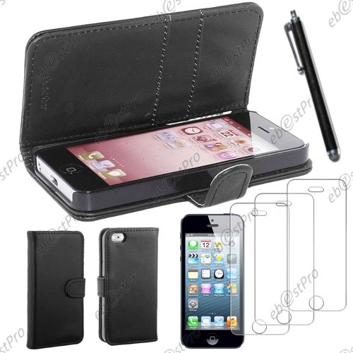 Ebeststar ® Housse Coque Etui Portefeuille Folio Book Livre Simili Cuir Pour Apple Iphone 5s, 5, Couleur Noir + Stylet 3 Film