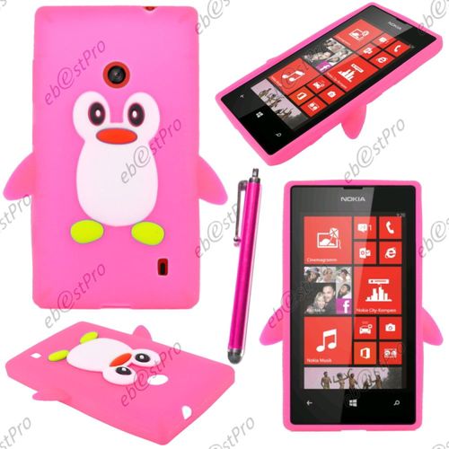 Ebeststar ® Etui Housse Coque Pingouin Silicone Souple Design Fun Pour Nokia Lumia 520, Couleur Rose + Stylet + Film Protection D'écran