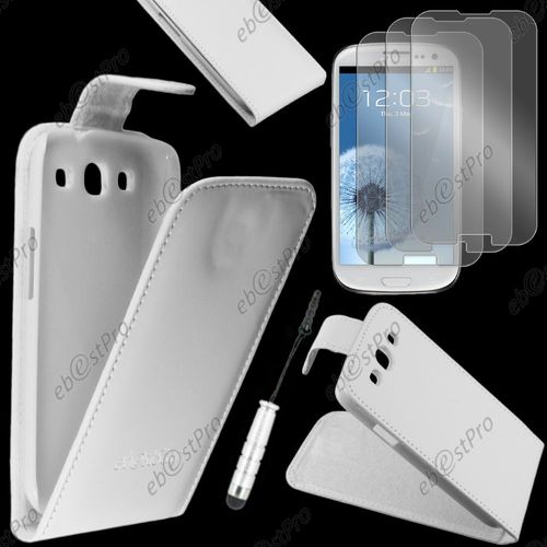 Ebeststar ® Housse Coque Etui Simili Cuir À Rabat Vertical Pour Samsung Galaxy S3 I9300 I9305, Couleur Blanc + Mini Stylet 3 Film