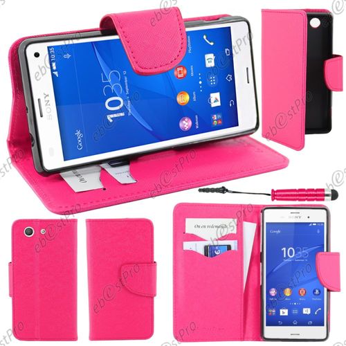 Ebeststar ® Housse Coque Etui Portefeuille Folio Book Livre Simili Cuir Pour Sony Xperia Z3 Compact, Couleur Rose + Mini Stylet + Film Protection D'écran
