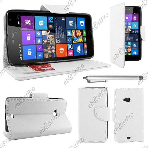 Ebeststar ® Housse Coque Etui Portefeuille Folio Book Livre Simili Cuir Pour Microsoft Lumia 535, Couleur Blanc + Stylet + Film Protection D'écran