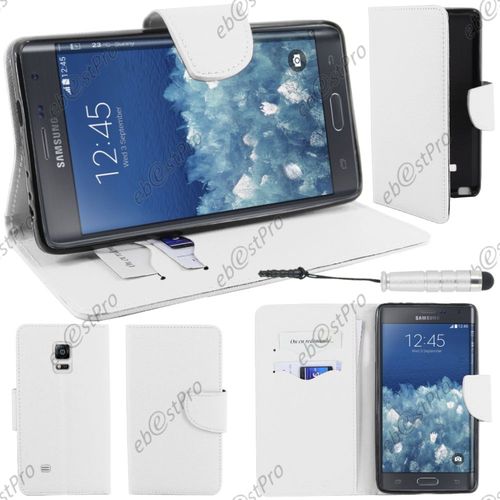 Ebeststar ® Housse Coque Etui Portefeuille Folio Book Livre Simili Cuir Pour Samsung Galaxy Note Edge, Couleur Blanc + Mini Stylet + Film Protection D'écran