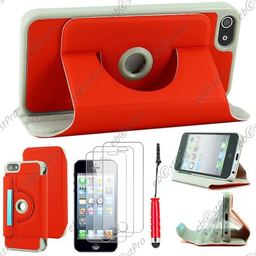 Ebeststar ® Housse Coque Etui Pu Cuir Rotatif Avec Support À Rotation 360° Pour Apple Iphone 5s, 5, Couleur Rouge + Mini Stylet 3 Film