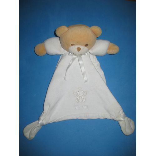 Doudou Ours Plat Rectangle Blanc Ange Ruban Takinou
