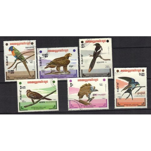 Cambodge 1983 : Oiseaux Divers - Série Entière De 6 Grands Timbres Oblitérés