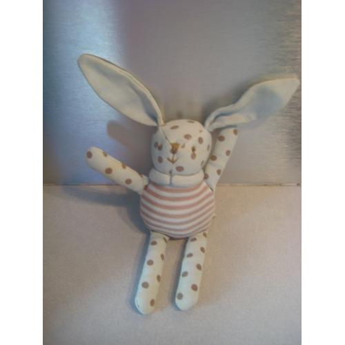 Lapin En Coton Bleu Petit Pois Et Rayure Marron 15 Cm + 7 Cm Oreilles Vertbaudet