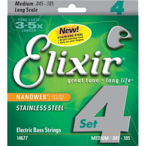 Elixir 14677 Nanoweb Stainless Steel Medium Jeu De Cordes Guitare Basse Él.