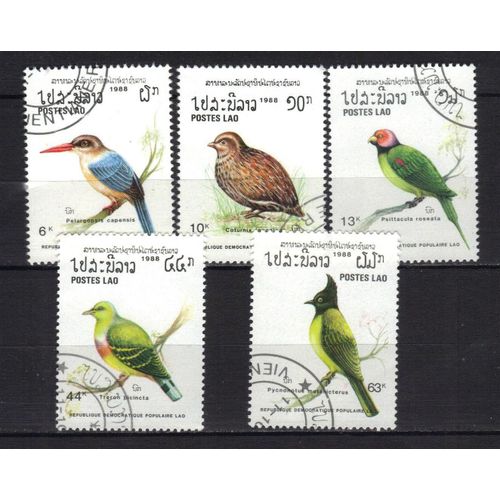 Laos 1988 : Faune : Oiseaux Multicolores - Série De 5 Timbres Oblitérés