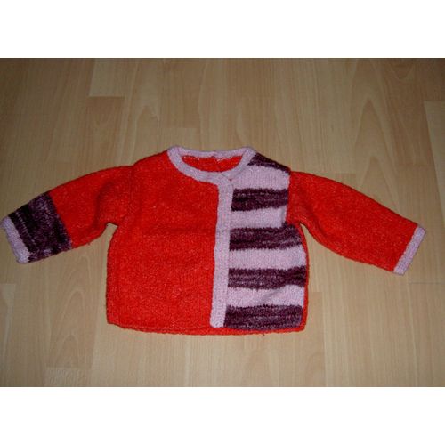 Pull Manches Longues Col Rond Rouge Rose Et Violet À Rayures Fait Main Taille 9 Mois