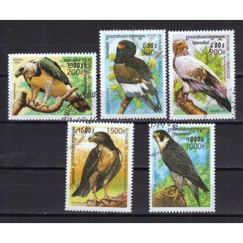 Cambodge 1999 : Faune : Oiseaux : Rapaces Divers Multicolores : Aigles / Vautour / Faucon - Série De 5 Timbres Oblitérés