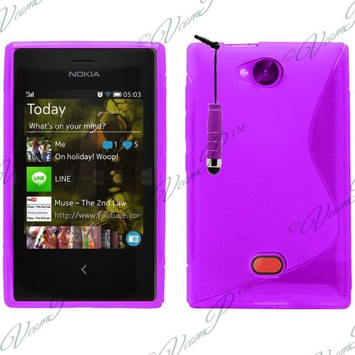 Coque Silicone Pour Nokia Asha 503/ 503 Dual Sim Gel Motif S Au Dos - Violet + Mini Stylet