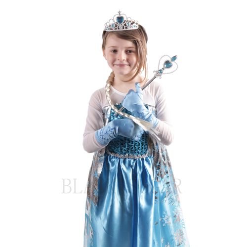 Lot 4  Accessoires ( Gants, Diadème, Natte, Sceptre) + 1 Robe/ Déguisement/ Costume Reine Des Neiges. Tenue Princesse Elsa Pour Fête, Mariage, Animation, Cadeau, Anniversaire Black Sugar