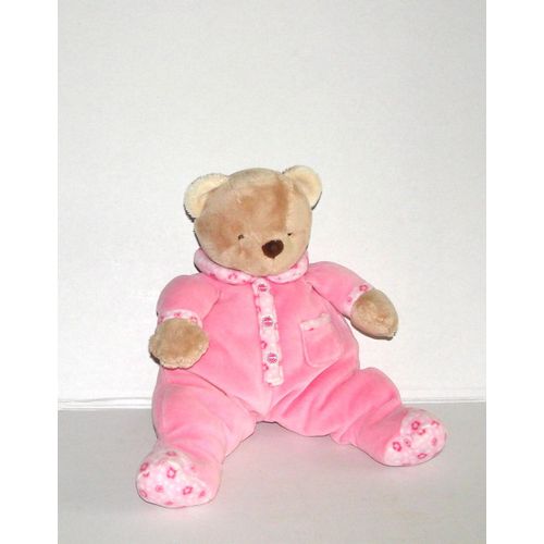 Ours En Pyjama Ou Grenoulliere Rose Petites Fleurs Rose Doudou Peliche 32cm  Baby Nat'