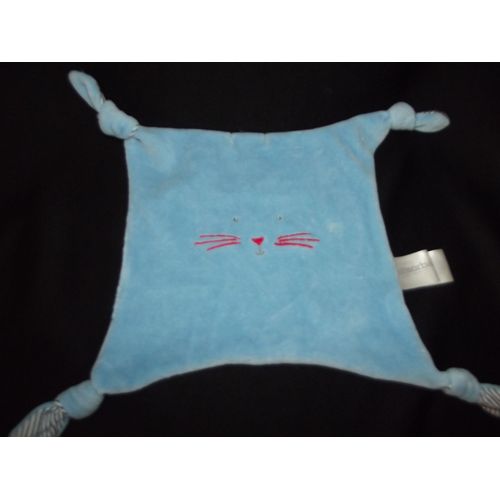 Doudou Plat Chat Absorba Moustache Rouge Rayé Blanc Bleu 4 Noeuds