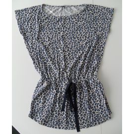 T-Shirt À Lien Imprimé Guépard Bleu, Noir Et Beige. Pimkie. Taille M/38