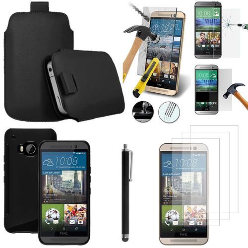 Htc One M9/ Htc One Hima: Lot Coque Etui Housse Pochette Accessoires Silicone Gel Films Verre Trempé Stylet   - Noir