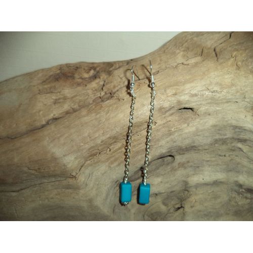 Boucles D'oreilles Très Longue Perle Turquoise Sur Chaînette Argenté