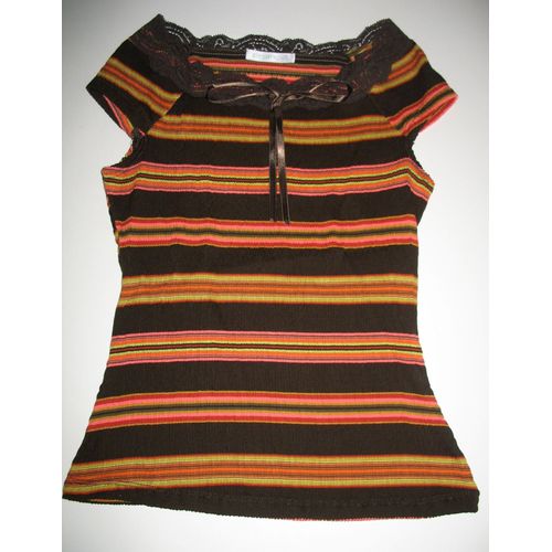 T-Shirt Promod Rayée Orange-Marron-Jaune Col Bateau Avec Dentelle