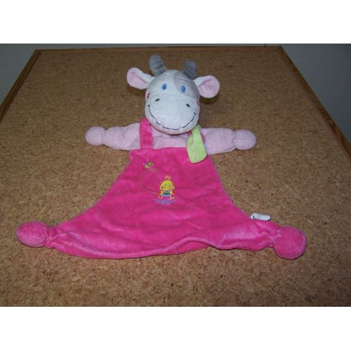 Doudou Plat Vache Nicotoy Rose Echarpe Vert Anis Poussin Et Papillon Brodes