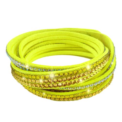Bracelet Wrap Slake Cascade  Strass Brillant Cristal  En Cuir Daim Jaune Été