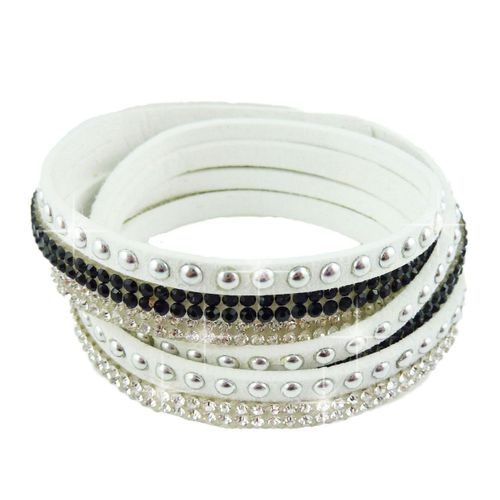 Bracelet Wrap Slake  Strass Brillant Cristal  En Cuir Daim Blanc Et Noir