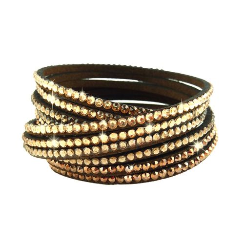 Bracelet Wrap Slake Cascade  Strass Brillant Cristal  En Cuir Daim Marron