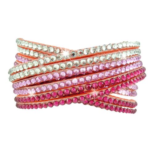 Bracelet Wrap Slake Cascade  Strass Brillant Cristal  En Cuir Daim Rose