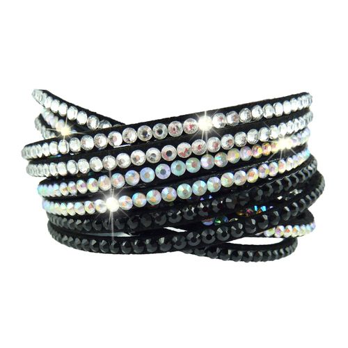 Bracelet Wrap Slake Cascade  Strass Brillant Cristal  En Cuir Daim Noir