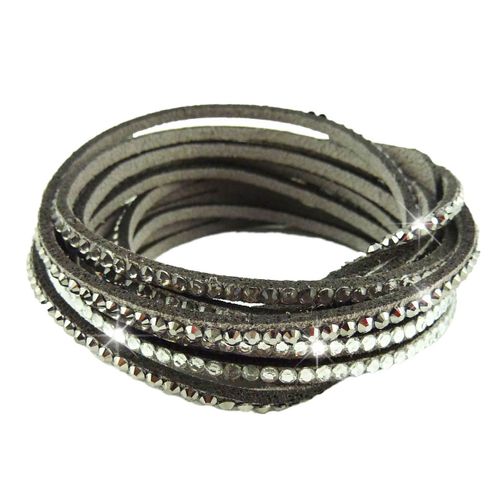 Bracelet Wrap Slake Cascade  Strass Brillant Cristal  En Cuir Daim Gris
