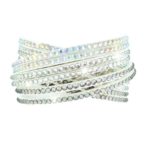 Bracelet Wrap Slake  Strass Brillant Cristal  Cascade  En Cuir Daim Blanc