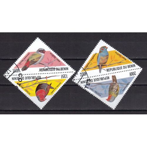 Benin 1999 : Oiseaux Multicolores - Série De 4 Timbres Oblitérés Attenants 2 À 2
