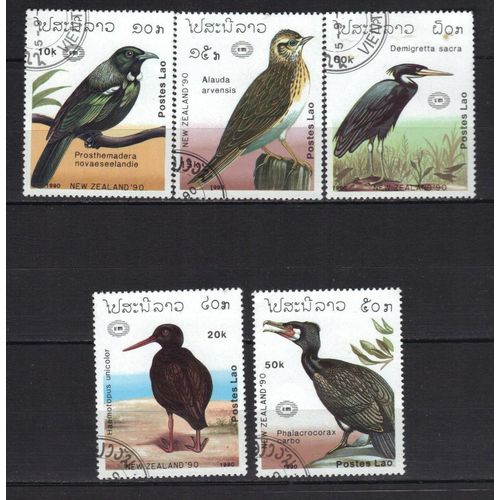 Laos 1990 : "Nouvelle-Zélande90" : Exposition Philatélique Internationale À Auckland : Oiseaux Divers - Série De 5 Grands Timbres Oblitérés
